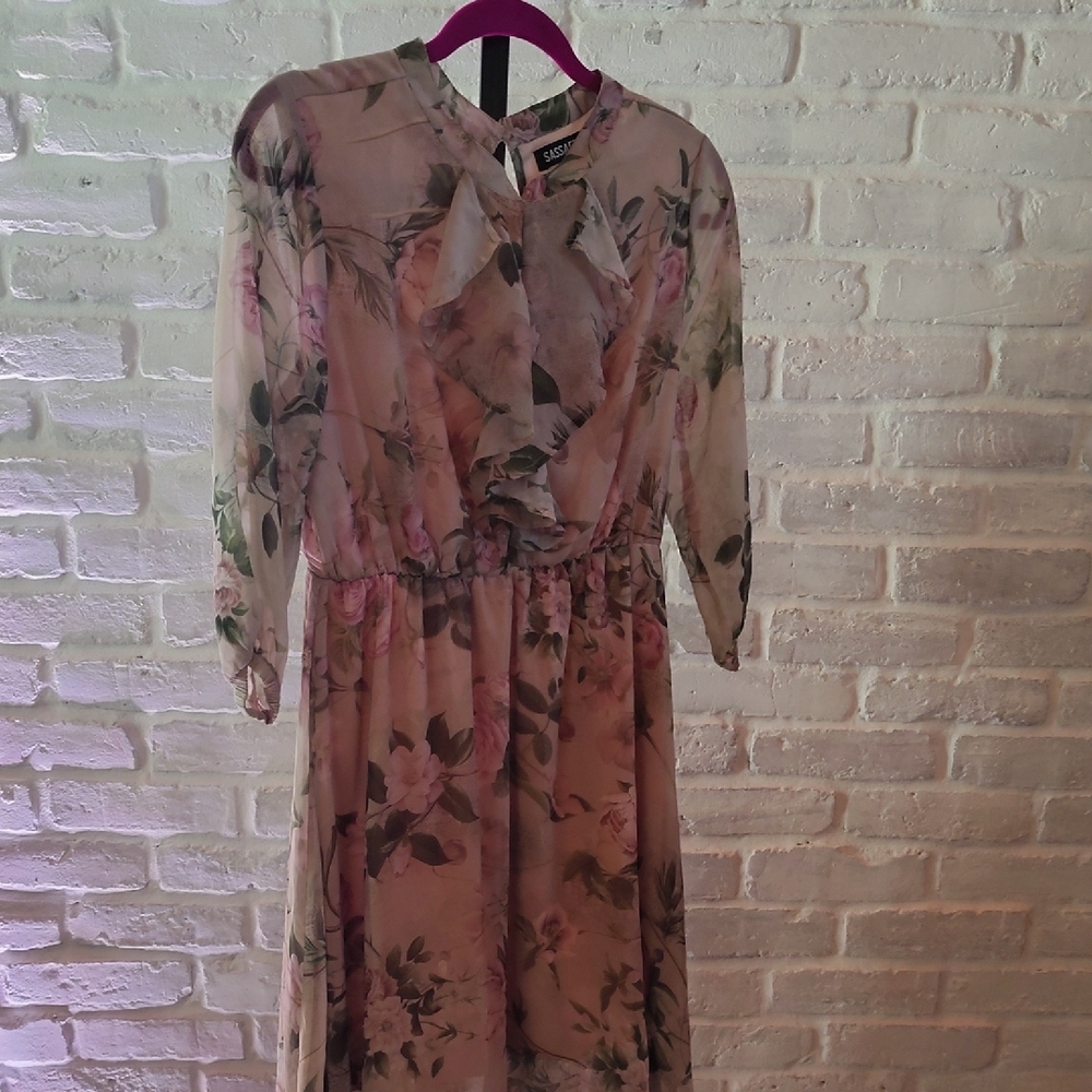 SHEIN Pink Tie Front Ruched Sundress with Bishop Sleeves